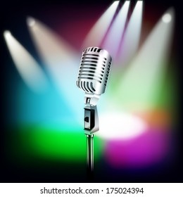 abstract music background with retro microphone and spotlights on stage