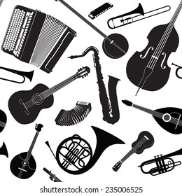 Abstract Music Background. Seamless texture with musical instruments. Musical tiled pattern.