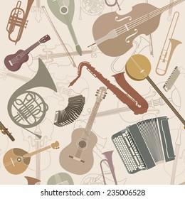 Abstract Music Background. Seamless texture with musical instruments. Musical tiled pattern.