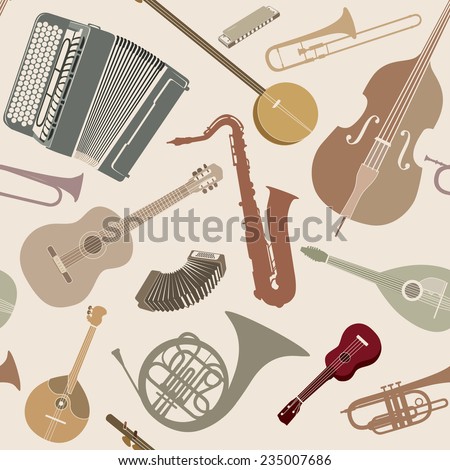 Abstract Music Background. Seamless texture with musical instruments. Musical tiled pattern.