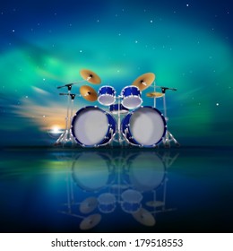 abstract music background with sunrise drum kit and sunrise 