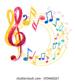 Abstract music background with various music notes and treble clef, vector illustration 