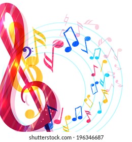 Abstract music background with various music notes and treble clef, vector illustration 