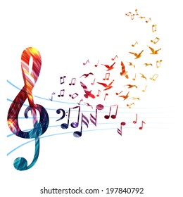 Abstract music background with various music notes and treble clef, vector illustration 