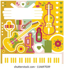 Abstract Music Background - vector illustration. Collage with musical instruments hearts and text space