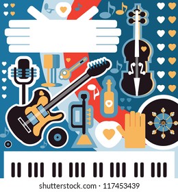 Abstract Music Background - vector illustration. Collage with musical instruments hearts and text space