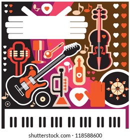 Abstract Music Background - vector illustration. Collage with musical instruments hearts and text space hands . music concept backdrop or card