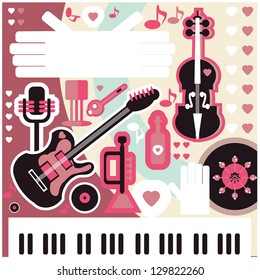 Abstract Music Background - vector illustration. Collage with musical instruments hearts and text space