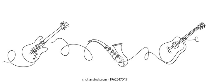 Resumen de fondo musical, ilustración vectorial. Herramientas musicales de guitarra eléctrica, guitarra y saxofón. Un dibujo de línea continua. Esbozo de doodle dibujado a mano escrupuloso estilo minimalista.