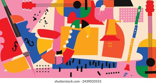  Fondo abstracto de la música, ilustración vectorial. Collage con instrumentos musicales.