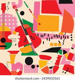  Abstract Music Background, vector illustration. Collage with musical instruments.