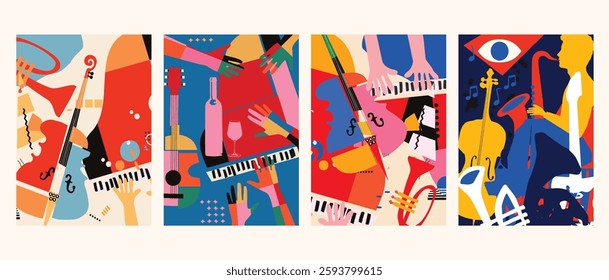 Abstract Music Background, vector illustration. Collage with musical instruments