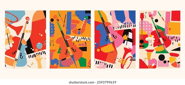 Abstract Music Background, vector illustration. Collage with musical instruments