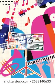 Abstract Music Background, vector illustration. Collage with musical instruments	