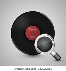 Abstract music background. Vinyl disk with a magnifying glass