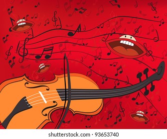 Abstract music background with a violin and singing mouths