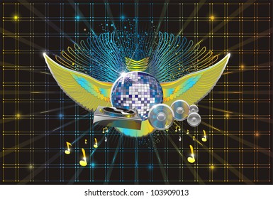 abstract music background wings disco sphere dj pult speakers notes