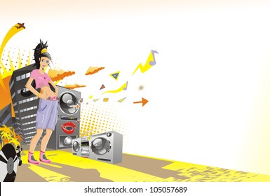 abstract music background young girl speakers grunge tape recorder skyscraper vinyl sun palm clouds plane