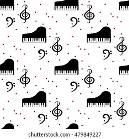 Abstract music backgrounds. Piano keys and musical notes. Interior wall decoration. Vector seamless patterns. Wallpaper texture background.