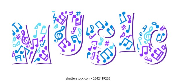 Abstract Music banner. Vector concept. Text music with notes. Isolated On white background.