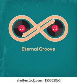 Abstract music colorful concept made of vintage vinyl records and stylized hands. Eternal Groove