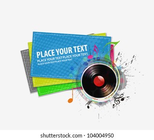 Abstract music colorful text banner of vintage vinyl records design.