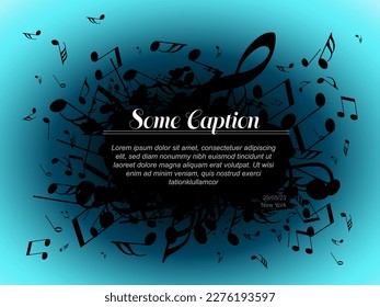 Abstract  music concert banner header template with place for various text content. Social media music frame with white notes, blue dark border and big place for your content