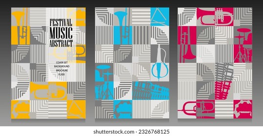 Abstract music cover set. Mosaic pattern design. Stripes and musical instrument silhouettes. Modern wall art, poster, brochure, flyer. Gray tone and yellow, cyan and magenta colors background.