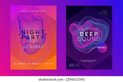 Abstract music. Creative show cover set. Dynamic fluid shape and line. Abstract music flyer. Techno dj party. Electro dance event. Electronic trance sound. Club poster.