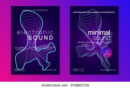 Abstract music. Dynamic fluid shape and line. Energy discotheque cover set. Abstract music flyer. Techno dj party. Electro dance event. Electronic trance sound. Club poster.