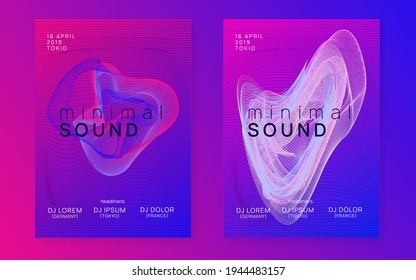 Abstrakte Musik. Dynamische Flüssigkeitsform und -linie. Trendy Discothek Cover Set. Abstrakter Musikflyer. Techno dj Party. Elektro-Tanzveranstaltung. Elektronischer Trance-Sound. Clubposter.