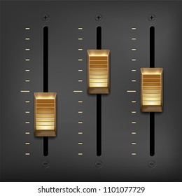 Abstract music equalizer - golden metal sliders on gray background. Vector illustration.