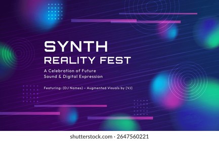 Abstract music event poster with futuristic synthwave style, featuring neon glitch lines, glowing gradients, and modern techno typography on dark background.