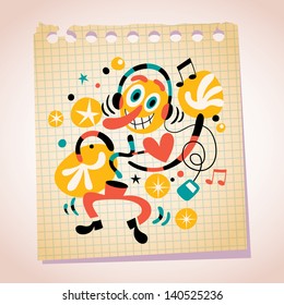 Abstract music fan with headphones note paper cartoon illustration