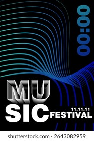 Abstract music festival poster design with layered text and flowing colorful wave lines on a black background. Concept of modern music and nightlife event. Vector illustration