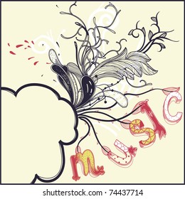 abstract music  frame with fantasy plants and rich cartoon letters