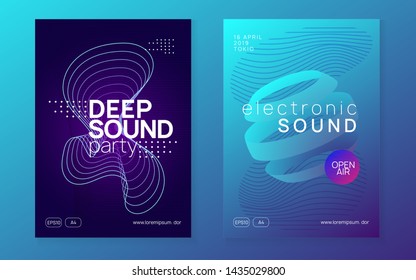 Abstract music. Futuristic discotheque invitation set. Dynamic fluid shape and line. Abstract music flyer. Techno dj party. Electro dance event. Electronic trance sound. Club poster.