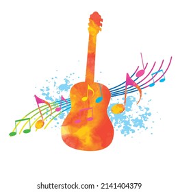 Abstract music graphic with guitar and notes.