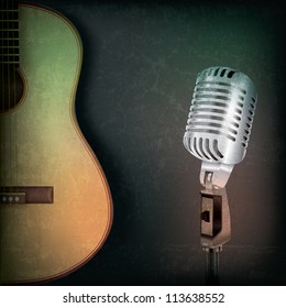 abstract music grunge background with retro microphone and guitar