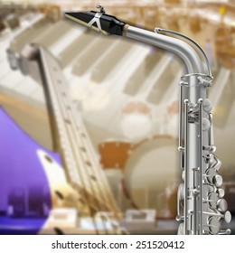 abstract music grunge background with saxophone and musical instruments