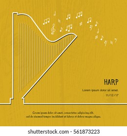 Abstract music harp cover. Graphic vector poster illustration. Modern cute card line background. Sound concept. Invitation, packaging element