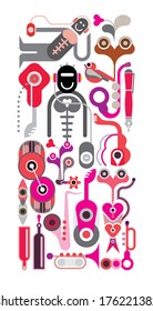 Abstract Music illustration - vector collage, vertical composition. Robot with headphones. Musical instrument icons on white.