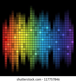 Abstract music inspired graphic equalizer background with rainbow colours. Vector illustration.