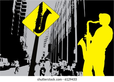 Abstract music landscape with sax player and sax sign