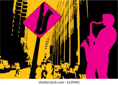 Abstract music landscape with sax player and sax sign
