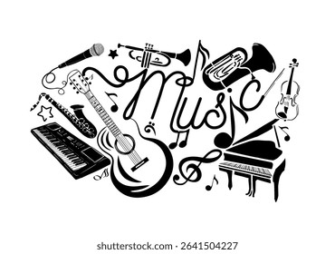 Abstract Music monochrome. Many musical instruments. hand drawn. Not AI, Vector illustration.