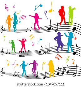 Abstract music note with silhouettes of kids dancing
