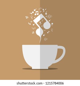 Abstract music note steam and coffee cup flat vector design.