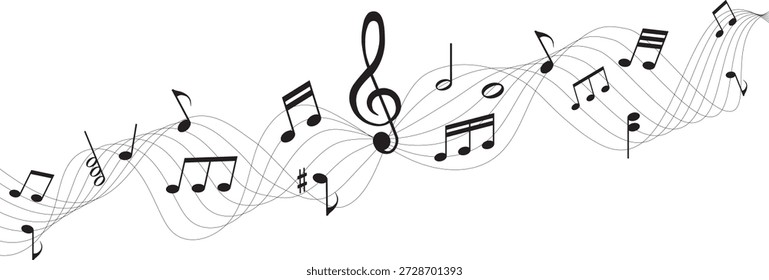 Notas de música Abstractas y clave en líneas onduladas de pentagrama para composición de pentagramas musicales y diseño de sonido creativo