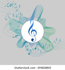 Abstract music notes design for music background use, music waves, with sol key in center of a white circle, vector illustration. Center can be use as a logo place.